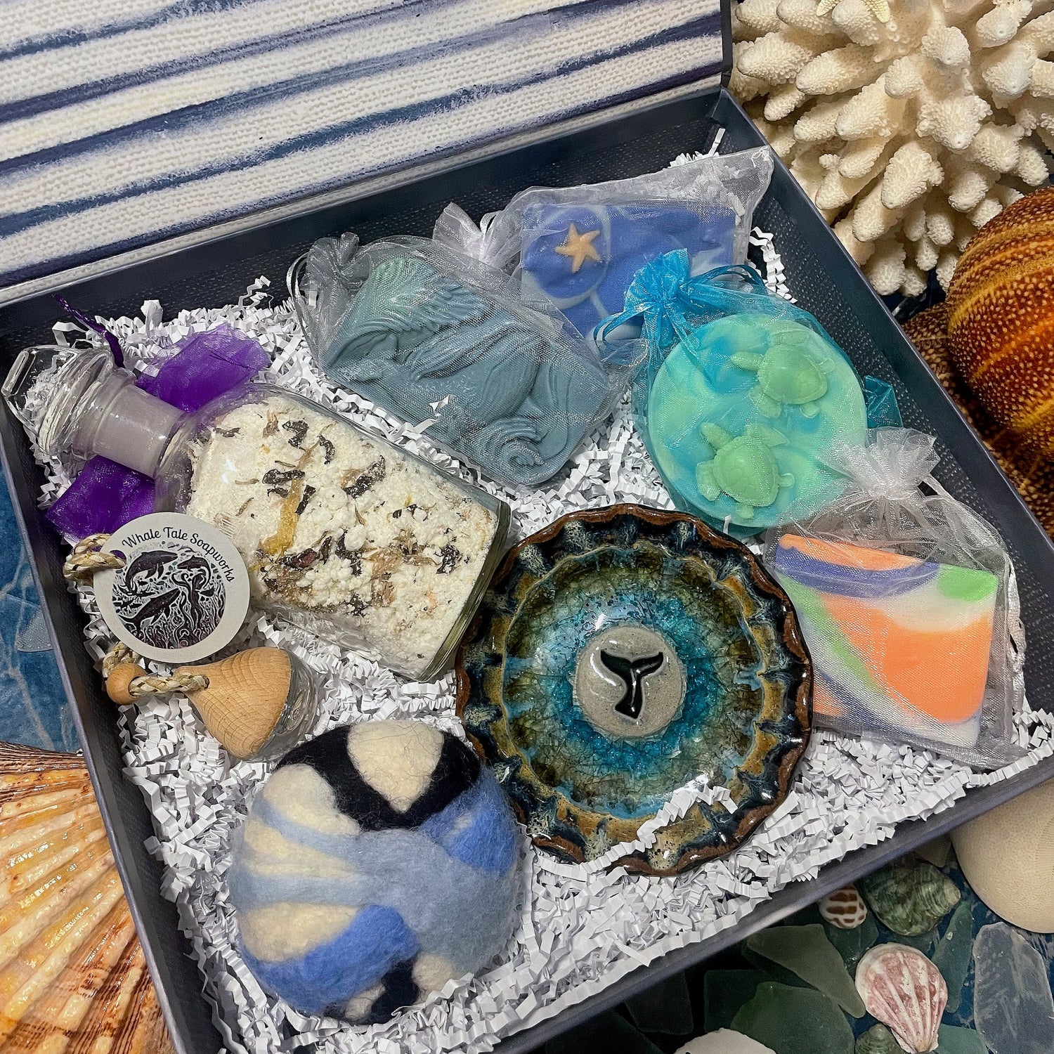 Diffuser and matching soap in product display: Ocean Collection gift set featuring handcrafted soap and matching car diffuser in fresh coastal scent.