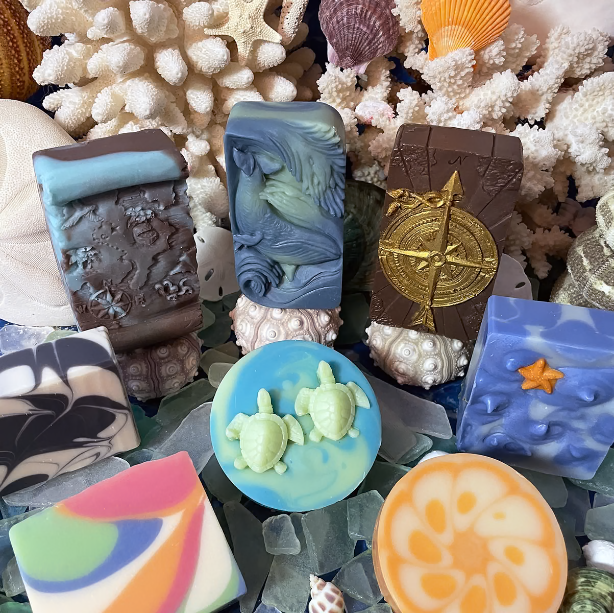 Whale / Ocean-Themed Shaped Soap (with whale design): Blue whale-shaped artisan soap inspired by ocean waves, handcrafted in small batches.