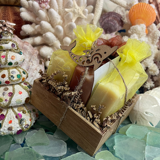 Gift set featuring three handmade goat milk soaps, two with calendula and one plain goat milk, wrapped in organza bags inside a wooden box with crinkle paper